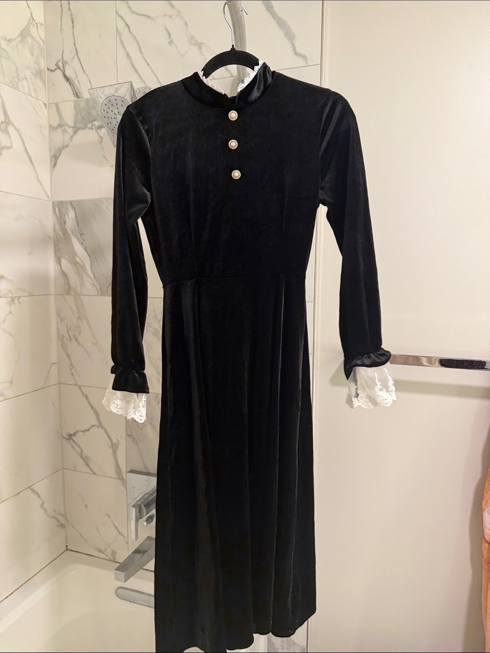 Black Velvet Long-Sleeve Dress with Lace Cuffs